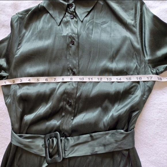 Zara Satin Effect Hunter Green Long Sleeve Belted Collared Midi Dress | sz M - Picture 14 of 15